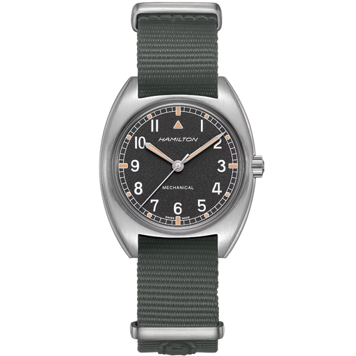 Hamilton watch with green strap and black dial on a white background