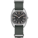 Hamilton watch with green strap and black dial on a white background