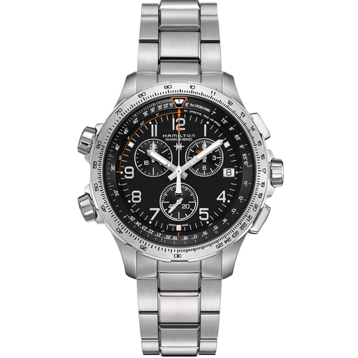Silver Hamilton watch with black dial on a white background