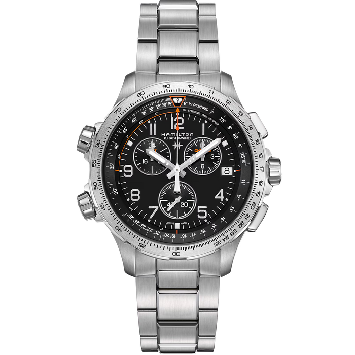Silver Hamilton watch with black dial on a white background