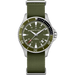 Hamilton watch with an olive green dial and matching green nylon strap, featuring a silver stainless steel case and a black rotating bezel.