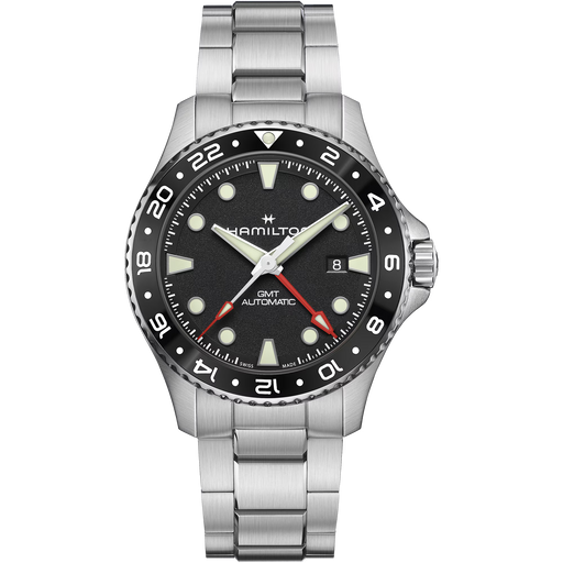 Hamilton watch with black dial and silver bracelet on a white background