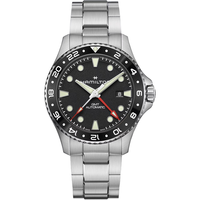 Hamilton watch with black dial and silver bracelet on a white background