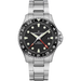 Hamilton watch with black dial and silver bracelet on a white background