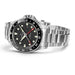Hamilton watch with black dial and silver metal bracelet on a white background