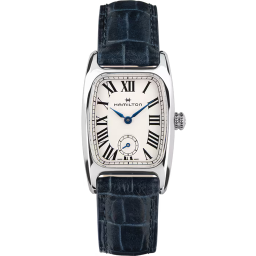 Hamilton watch with blue strap and white face on a white background