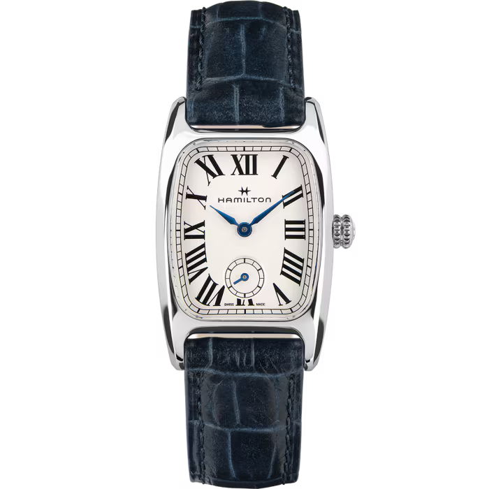 Hamilton watch with blue strap and white face on a white background