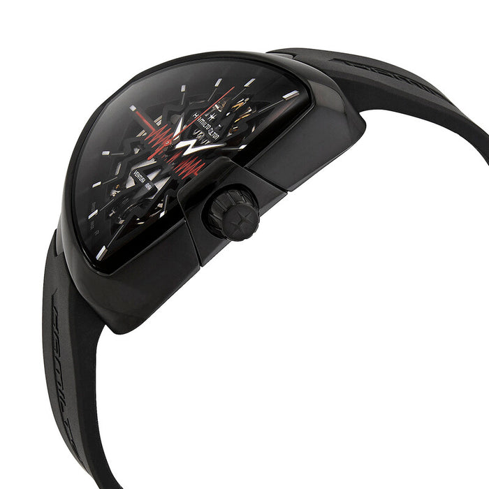 Black wristwatch with a detailed face on a white background