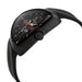 Black wristwatch with a detailed face on a white background