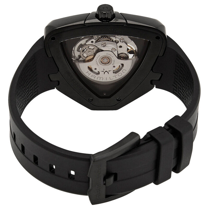 Black watch with open face design on a white background