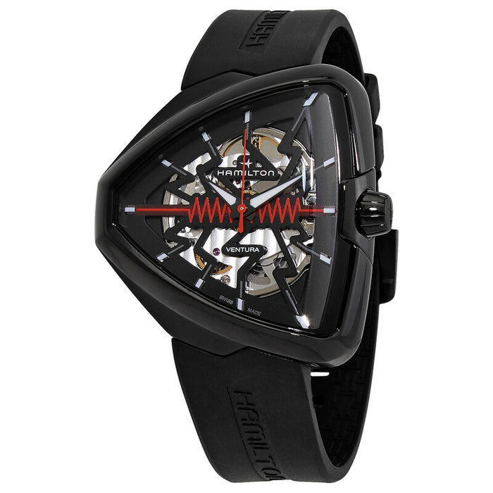 Hamilton x Ventura watch featuring a black triangular case, black silicone strap, and a skeleton dial with silver and red details, shown on a white background.