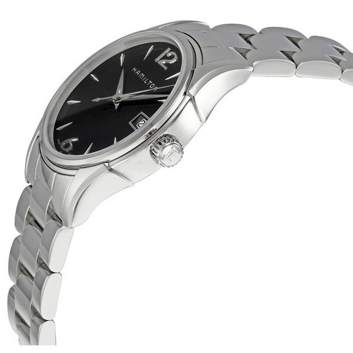 Silver watch with black dial on a white background
