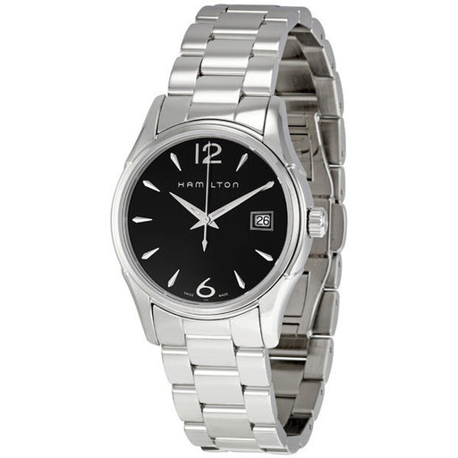 Hamilton watch with black dial and silver metal bracelet on a white background