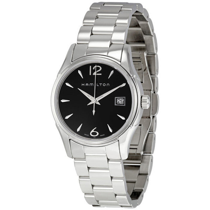 Hamilton watch with black dial and silver metal bracelet on a white background
