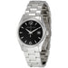 Hamilton watch with black dial and silver metal bracelet on a white background
