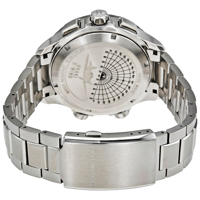 Silver wristwatch with detailed face on a white background