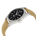 Wristwatch with beige strap and black dial on a white background