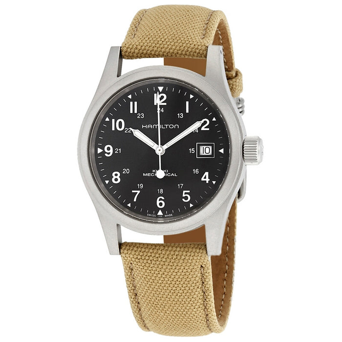 Hamilton watch with black dial and beige canvas strap on a white background