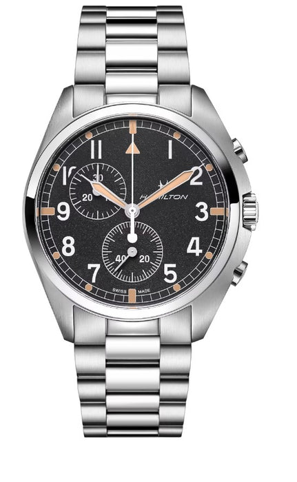 Hamilton Khaki Aviation Pilot Pioneer Chrono Quartz Stainless Steel Case Black Dial Round Men's Watch H76522131