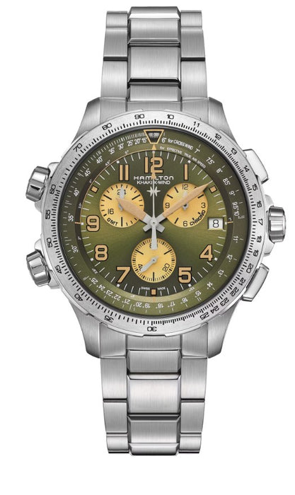 Hamilton Khaki Aviation X-Wind GMT Chrono Quartz Stainless Steel Case Green Dial Round Men's Watch H77932160