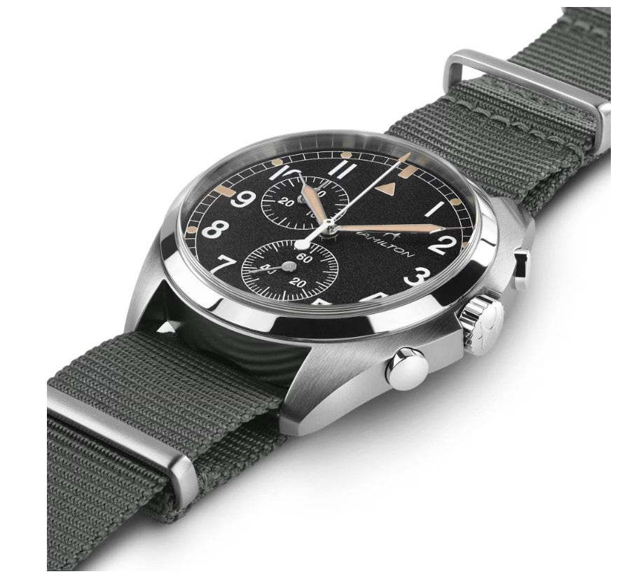 Hamilton Khaki Aviation Pilot Pioneer Chrono Quartz Stainless Steel Case Black Dial Round Men's Watch H76522931