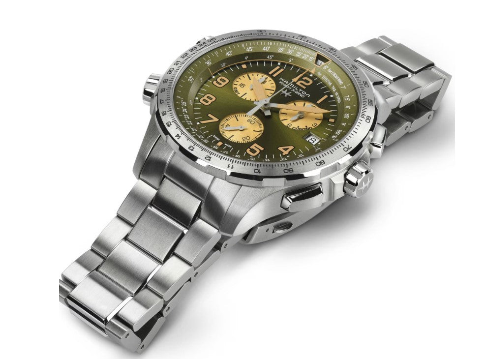 Hamilton Khaki Aviation X-Wind GMT Chrono Quartz Stainless Steel Case Green Dial Round Men's Watch H77932160