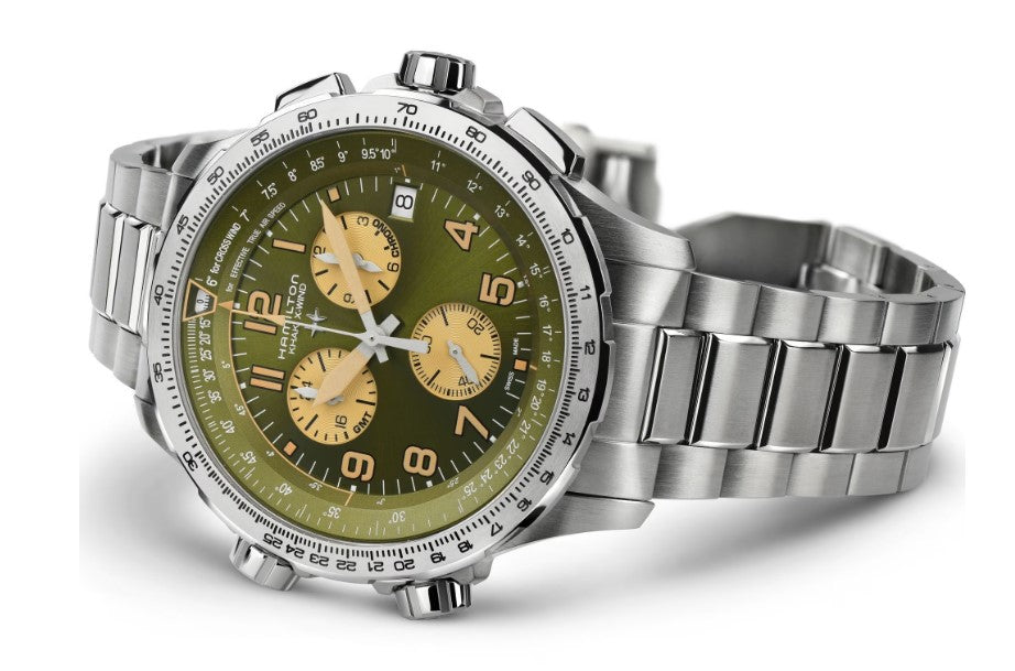 Hamilton Khaki Aviation X-Wind GMT Chrono Quartz Stainless Steel Case Green Dial Round Men's Watch H77932160