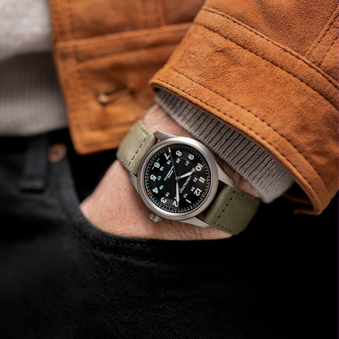 Close-up of a wrist wearing a watch with a brown jacket sleeve in the background