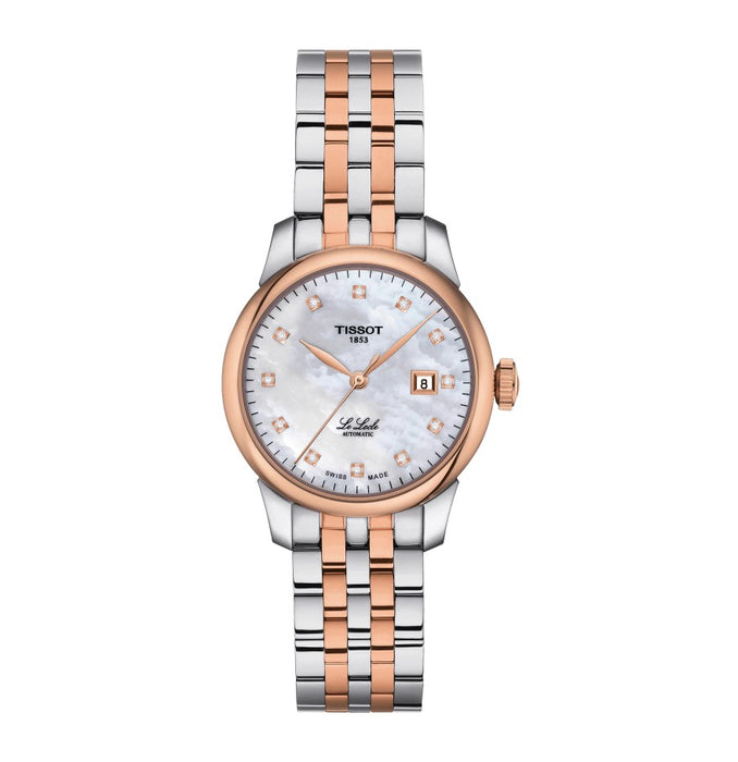 Tissot Le Locle Automatic Lady Stainless Steel Case with Rose Gold PVD coating White mother-of-pearl Dial Grey, Rose Gold 5N Strap Watch T0062072211600