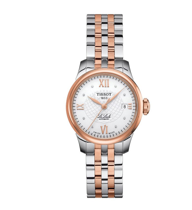 Tissot Le Locle Automatic Lady Stainless Steel Case with Rose Gold PVD coating Silver Dial Grey, Rose Gold 5N Strap Watch T41218316
