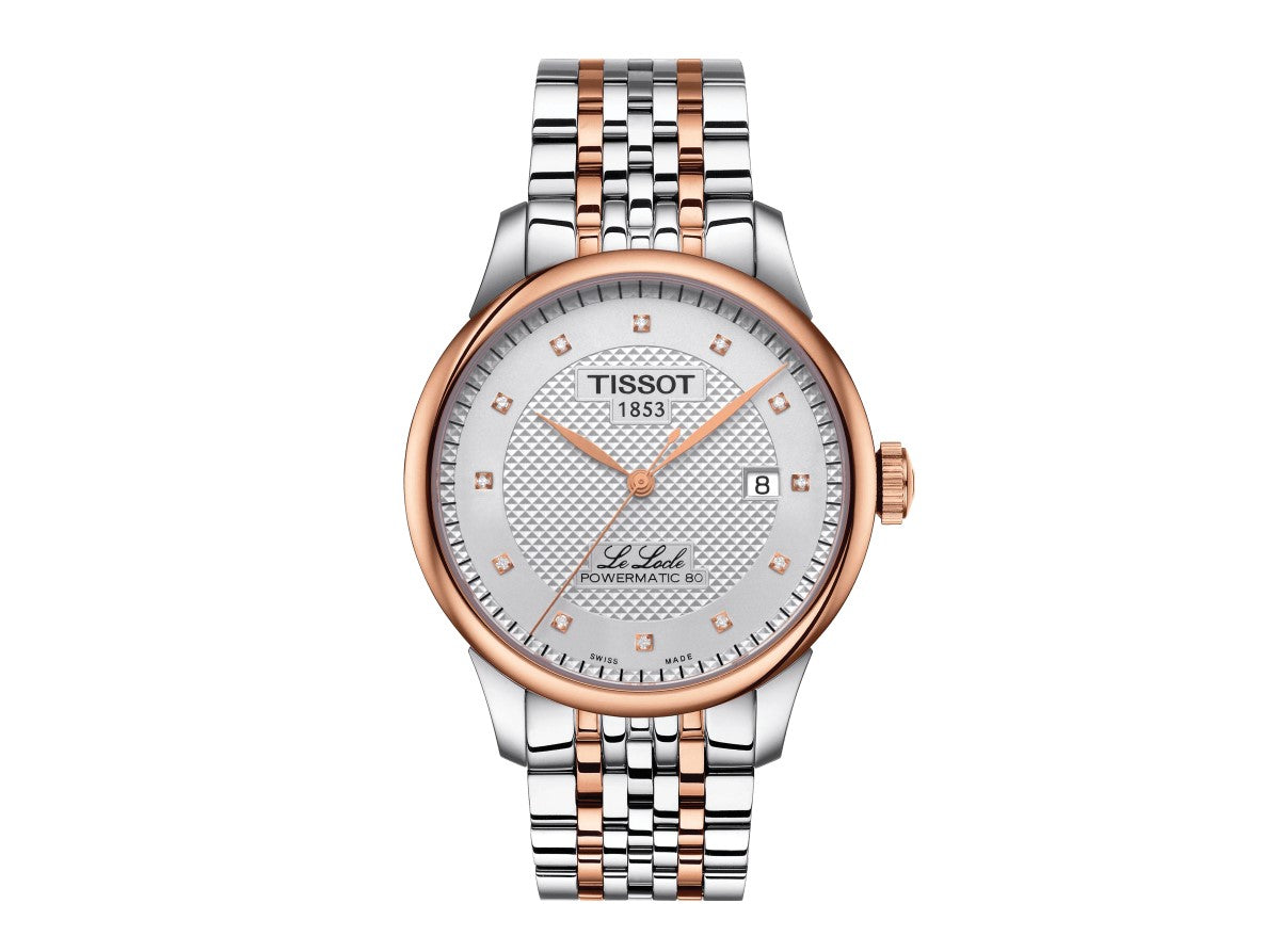 Tissot Le Locle Powermatic 80 Stainless Steel Case with Rose Gold PVD coating Silver Dial Grey, Rose Gold 5N Gent Watch T0064072203601