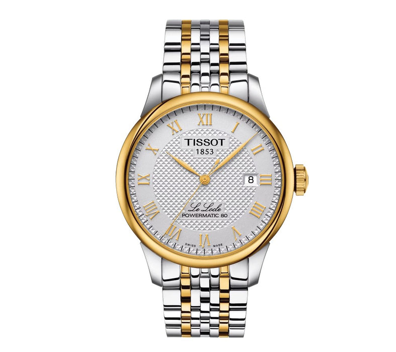 Tissot Le Locle Powermatic 80 Stainless Steel Case with Yellow Gold PVD coating Silver Dial Grey, Yellow Gold 1N14 Gent Watch T0064072203301