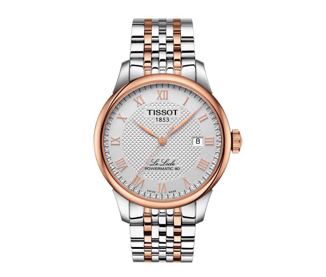 Tissot Le Locle Powermatic 80 Stainless Steel Case with Rose Gold PVD coating Silver Dial Grey, Rose Gold 5N Gent Watch T0064072203300