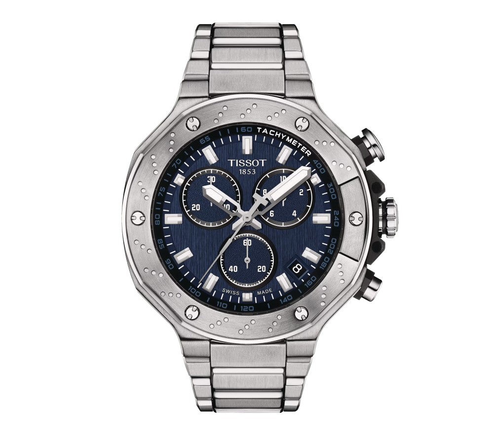 Tissot T-Race Chronograph Stainless Steel Case Blue Dial Grey Strap Gent Watch T1414171104100