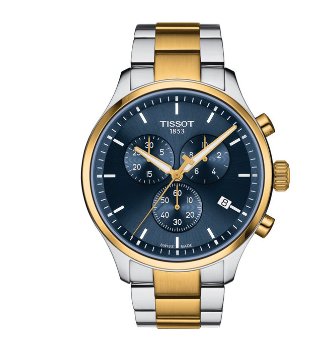 Tissot Chrono XL Classic Quartz Stainless Steel Case with Yellow Gold PVD coating Blue Dial Grey, Yellow Gold 1N14 Strap Gent Watch T1166172204100