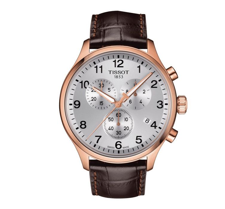 Tissot Chrono XL Classic Quartz Stainless Steel Case with Rose Gold PVD coating Silver Dial Brown Strap Gent Watch T1166173603700
