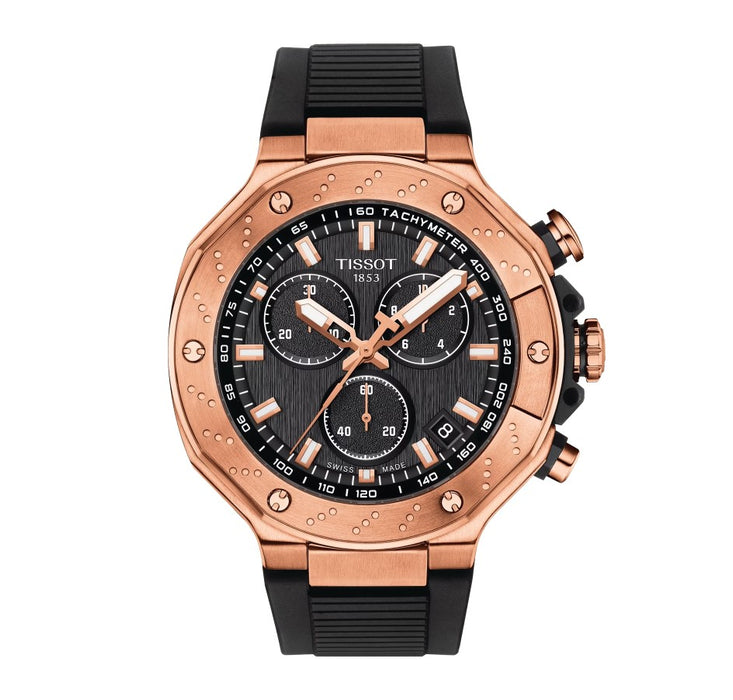 Tissot T-Race Chronograph Stainless Steel Case with Rose Gold PVD coating Black Dial Black Strap Gent Watch T1414173705100