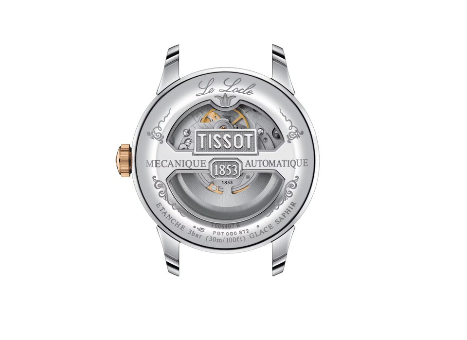 Tissot Le Locle Powermatic 80 Open Heart Stainless Steel Case with Rose Gold PVD coating Silver Dial Grey, Rose Gold 5N Strap see-through case back is engraved with a traditional Le Locle signature Gent Watch T0064072203302