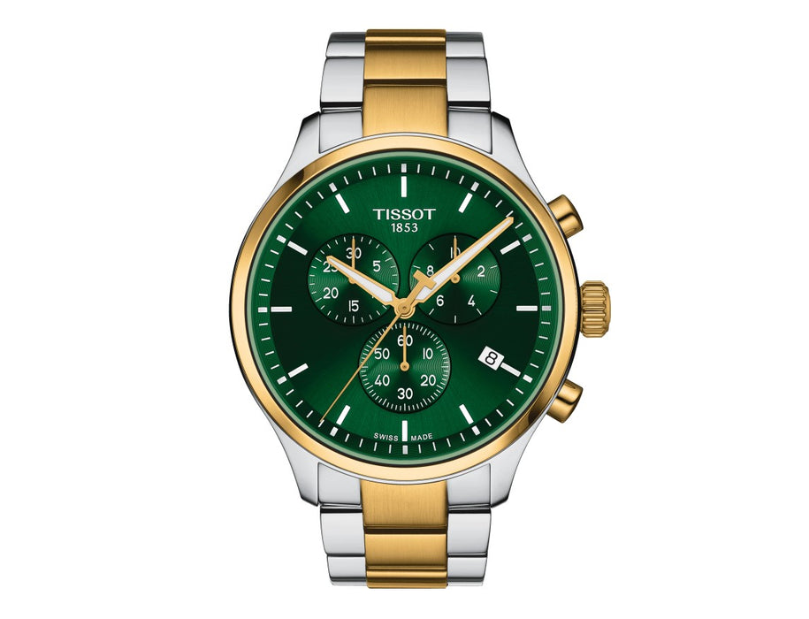 Tissot Chrono XL Classic Quartz Stainless Steel Case with Yellow Gold PVD coating Green Dial Grey, Yellow Gold 1N14 Strap Gent Watch T1166172209100