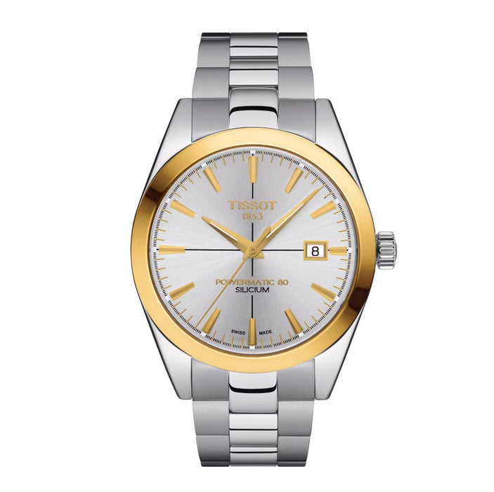 Tissot Gentleman Powermatic 80 Silicium Solid Stainless Steel Case with 18K Yellow Gold bezel Silver Dial Grey Strap rotor is finely engraved with the “Waves of Time” decoration Gent Watch T9274074103101