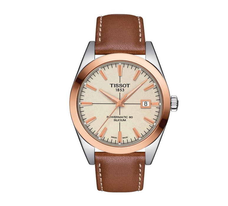 Tissot Gentleman Powermatic 80 Silicium Solid Stainless Steel Case Cream Opaline Dial Brown Strap Gent Watch T9274074626100