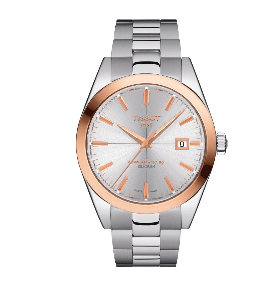 Tissot Gentleman Powermatic 80 Silicium Solid Stainless Steel Case with 18K Rose Gold bezel Silver Dial Grey Strap Gent Watch T9274074103100