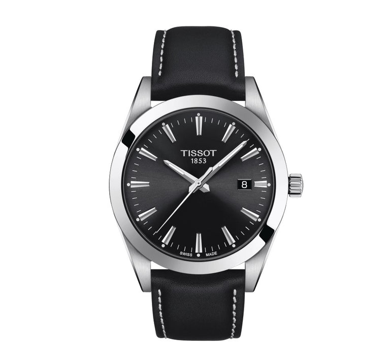 Tissot Gentleman Quartz Stainless Steel Case Black Dial Black Strap adorned with polished and satinated hour markers and a date window Gent Watch T1274101605100
