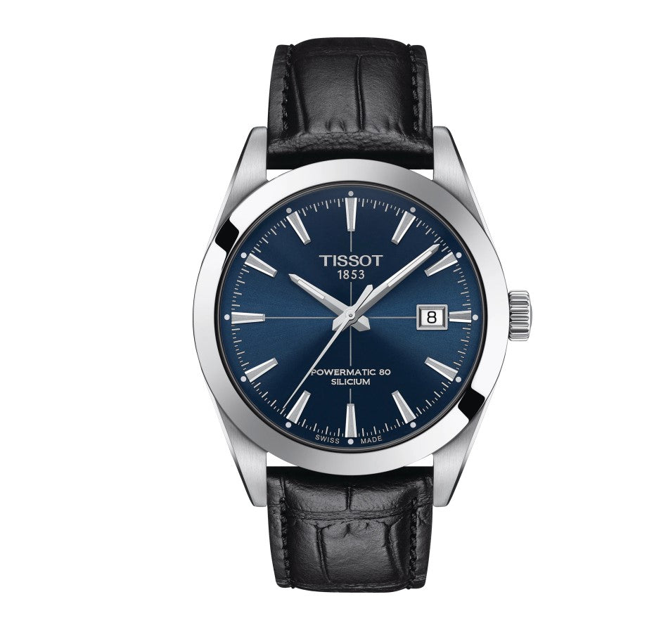 Tissot Gentleman Powermatic 80 Silicium Stainless Steel Case Blue Dial Black Strap rotor is finely engraved with the “Waves of Time” decoration Gent Watch T1274071604101