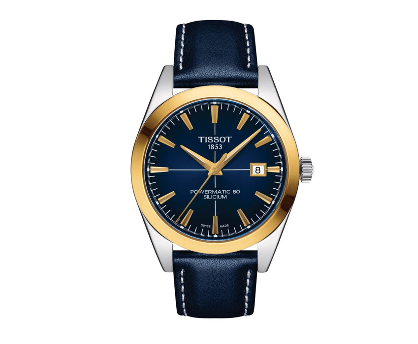Tissot Gentleman Powermatic 80 Silicium Stainless Steel Case with 18K yellow gold bezel Blue Dial Blue Strap rotor is finely engraved with the “Waves of Time” decoration Gent Watch T9274074604101