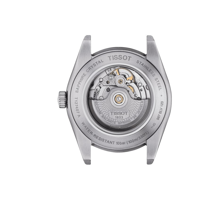 Tissot Gentleman Powermatic 80 Silicium Stainless Steel Case Silver Dial Brown Strap Gent Watch T1274071603101