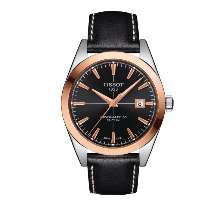 Tissot Gentleman Powermatic 80 Silicium Stainless Steel Case with 18K rose gold bezel Sunray Satinated Black Dial Black Strap rotor is finely engraved with the “Waves of Time” decoration Gent Watch T9274074605100