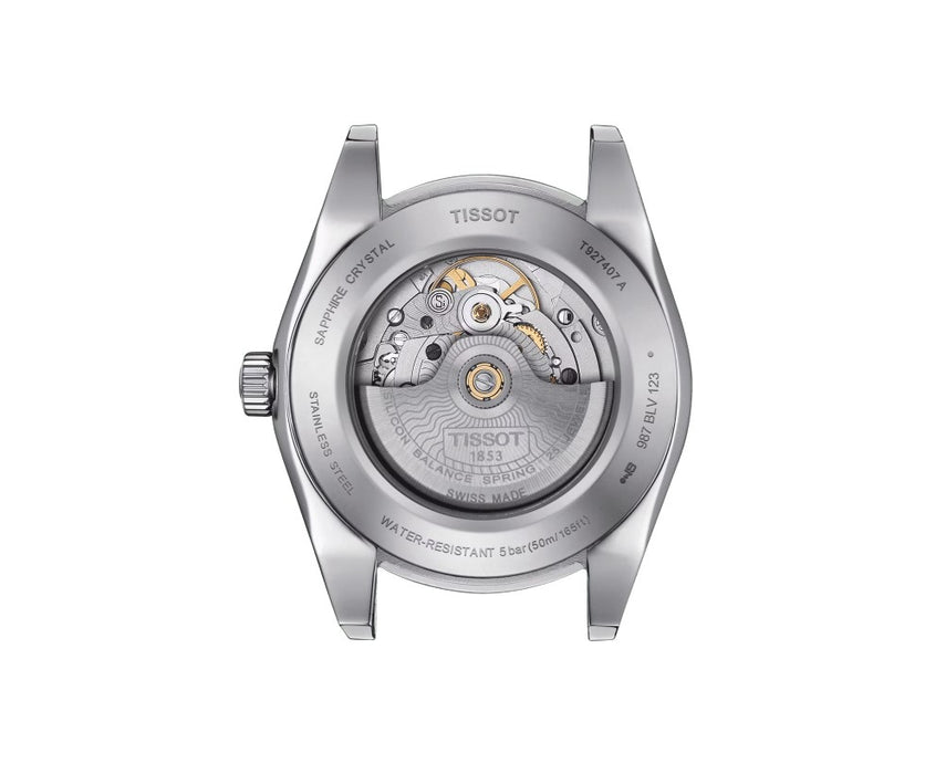 Tissot Gentleman Powermatic 80 Silicium Solid Stainless Steel Case with 18K Yellow Gold bezel Silver Dial Grey Strap rotor is finely engraved with the “Waves of Time” decoration Gent Watch T9274074103101