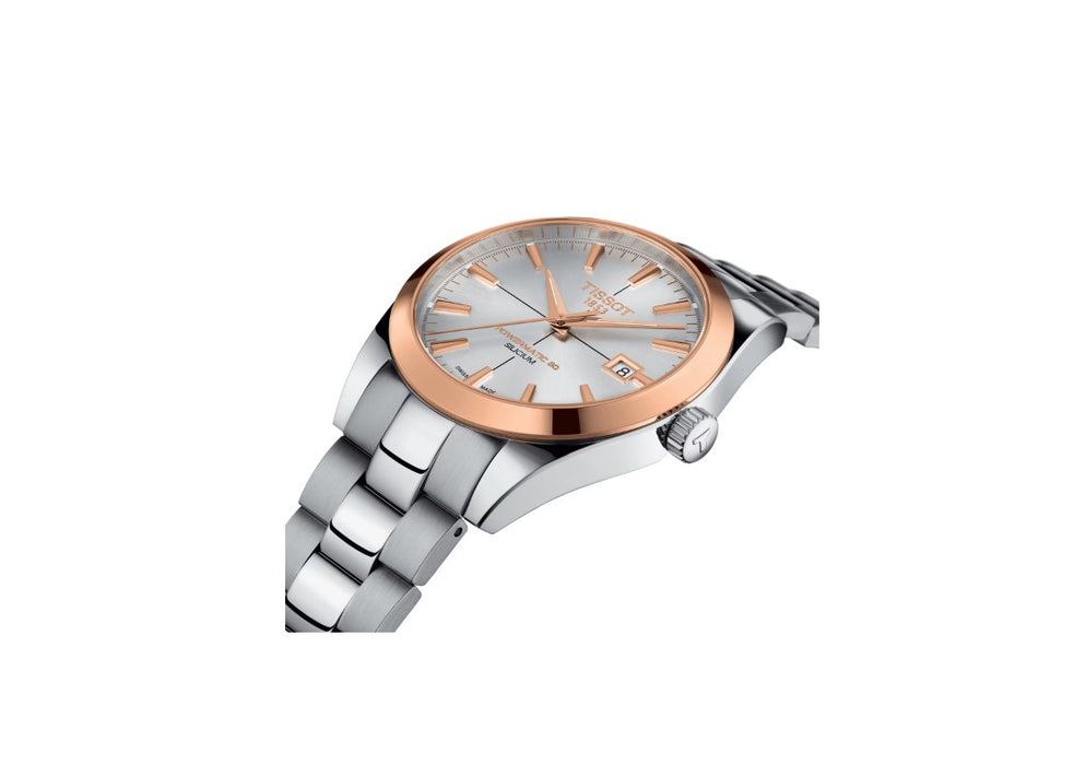 Tissot Gentleman Powermatic 80 Silicium Solid Stainless Steel Case with 18K Rose Gold bezel Silver Dial Grey Strap Gent Watch T9274074103100