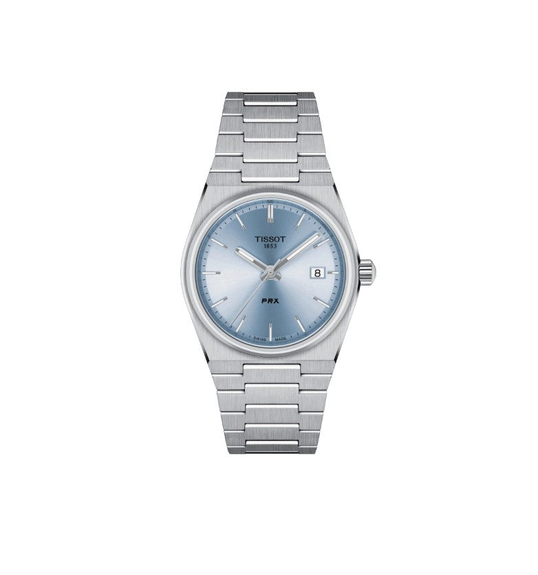 Tissot PRX 35mm Stainless Steel Case Light Blue Dial Grey Strap Unisex Watch T1372101135100